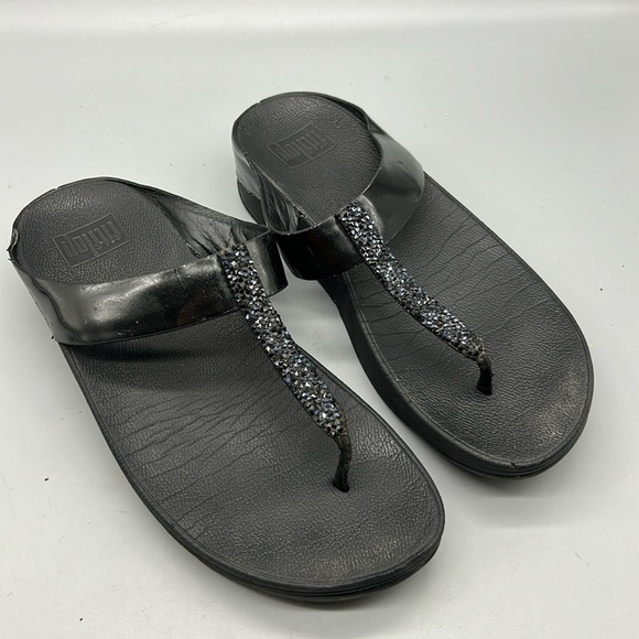 Fit Flop Shoes - Womens Fit Flop Finos Glitzy Flip Flop Wedge Sandal Black 8